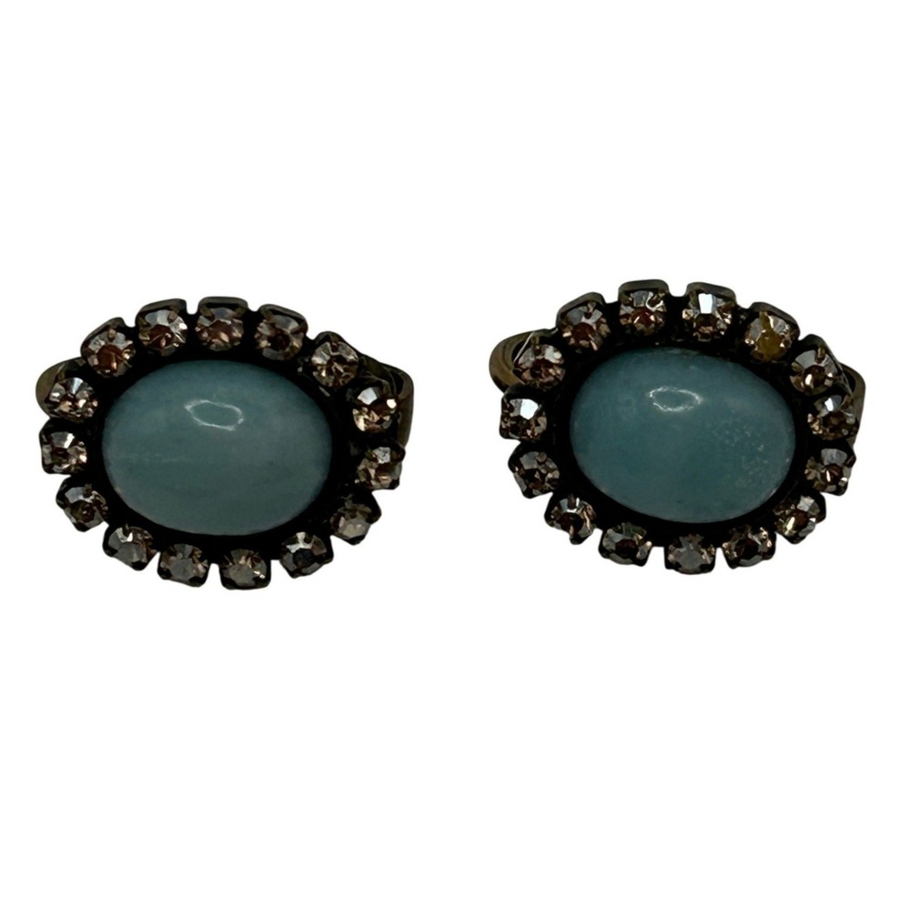 Liz Palacios Vintage Brass Blue Cabochon Smokey Rhinestone Clip On Earrings